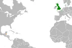 Map indicating locations of Belize and United Kingdom