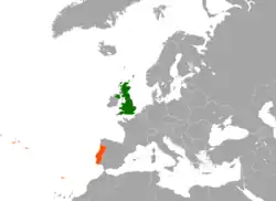 Map indicating locations of United Kingdom and Portugal