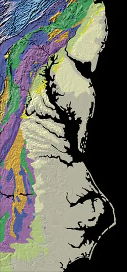 Map showing part of the Eastern Seaboard Fall Line, where the pale-colored coastal plain meets the brightly colored Piedmont