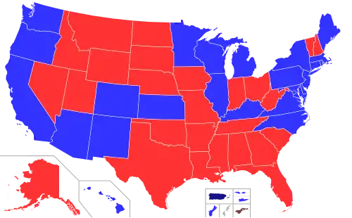 Map of the United States with states and territories colored according to the party affiliation of their governor
