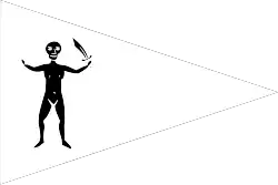 Flag of an unknown pirate crew, described as “a white Pendant at the Topmast-Head, with a naked Man and a Sword in his Hand”[62] and "a white Streamer in the Top-mast, with a naked Man brandishing a Sword".[63]