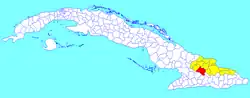 Urbano Noris municipality (red) within Holguín Province (yellow) and Cuba