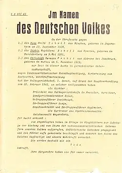 Excerpt from the People's Court verdict against Scholl and Probst
