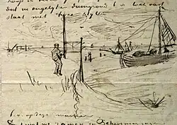 A sketch illustrating how he planned to use his new perspective frame with adjustable legs in the dunes at Scheveningen, 1882.[Letters 2]