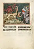 Dragon, Beast from the Sea and False Prophet gather nations at Armageddon, f. 33r