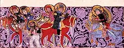 Gulshah (right) disguised as a man, confronts the kidnapper Rabi. Behind, Varqa is wounded and bound. Varka and Golshah, mid-13th century Seljuk Anatolia