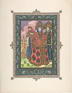 Illustration by Boris Zvorykin, in which appear three women, two of them wearing kokoshniks