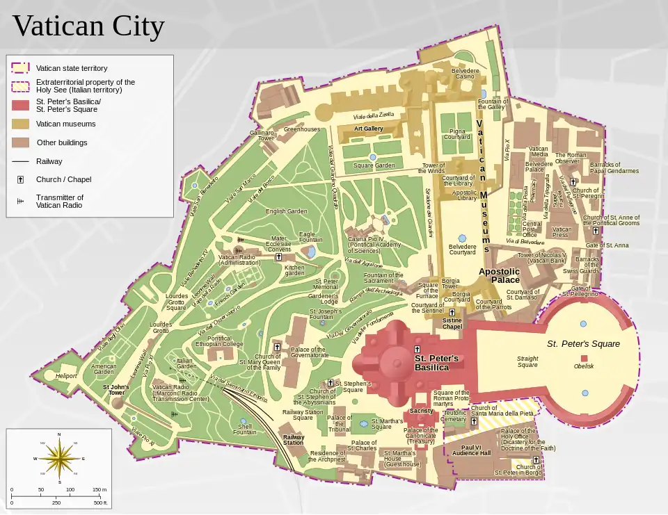 Image 11A map of Vatican City, highlighting notable buildings and the Vatican gardens (from Vatican City)