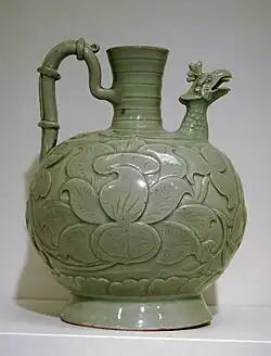 Ewer with chicken-head spout, a distinctive type in Yue ware, then in Northern Celadon. Yaozhou "Dong ware", around 960, carved and incised.