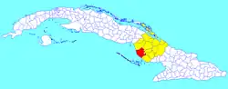 Vertientes municipality (red) within Camagüey Province (yellow) and Cuba