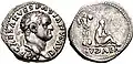 Iudaea Capta, "Judaea Taken", commemorative coin issued by the Roman emperor Vespasian (left) after the Jewish War