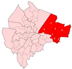 Victoria , 1. Ballyhackamore , 2. Belmont , 3. Cherryvalley , 4. Island , 5. Knock , 6. Stormont , 7. Sydenham