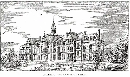 E.C. Robins' design for Caterham, an original engraving of which is held within the Wellcome Collection.[53] Headmaster's House is on the far left.