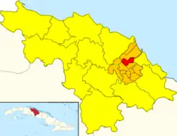 Map of Aguada de Moya (Red) in Camajuaní (Orange) in Villa Clara (Yellow)