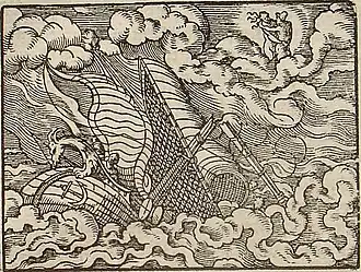 Ceyx in the tempest, engraving by Virgil Solis for Ovid's Metamorphoses Book XI, 410–572