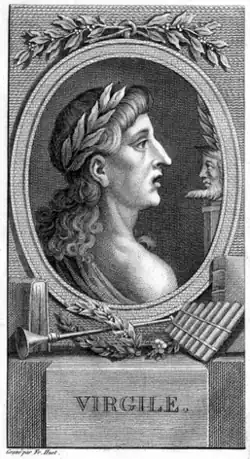 Presumed portrait of Virgil, engraving by F. Huot in the edition of Les Œuvres de Virgile by Abbé Des Fontaines (Paris, Billois, 1802).