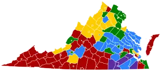 Virginia counties colored either red, blue, yellow, green, or purple based on the populations most common ancestry. The south-east is predominantly purple for African American, while the west is mostly red for American. The north has yellow for German, with two small areas green for Irish. Yellow is also found in spots in the west. A strip in the middle is blue for English.