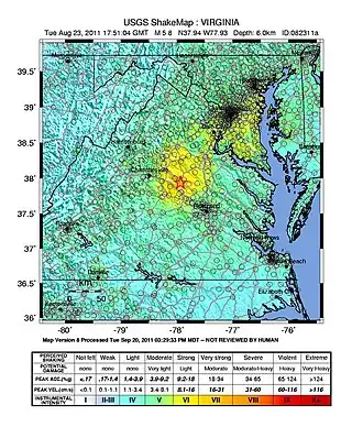 Map showing the intensity of the earthquake