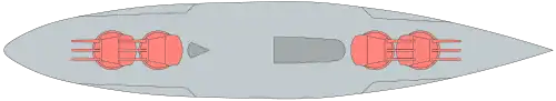 A diagram showing the location of the main guns on a Tegetthoff-class battleship. There are 12 guns in total divided into four turrets, with two apiece located near the bow and stern of the ship.