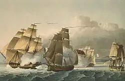 Minerve (1782) (centre) serving in the Royal Navy as HMS St Fiorenzo