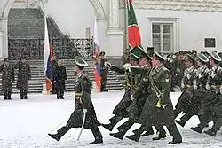Members of the FSB Border Service of Russia parading in greatcoat uniforms, 2002