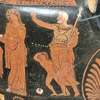 Young Troilus playing with a ball next to king Priam. Volute Krater, around 340 BC, Musée d'Art et d'Histoire (Geneva).