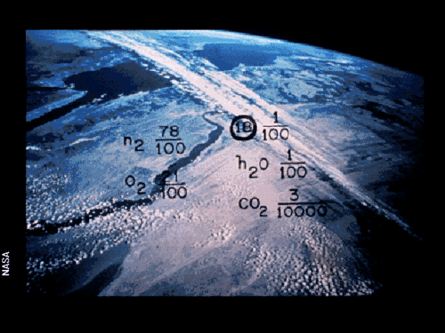 A photograph of Egypt, Red Sea, Sinai Peninsula and the Nile from Earth orbit annotated with the chemical composition of Earth's atmosphere