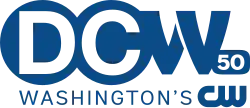 In white on blue, the letters D and C over two overlapping circles. Next to them, a blue stylized W, with a small box reading "50" in the lower right-hand corner.