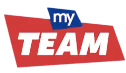 In two irregular quadrangular shapes: a white "my" on a blue background over a larger white "TEAM" on a red background