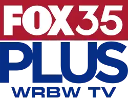 In a red box, the Fox 35 logo horizontally in white, with a blue lettering "PLUS", tightly kerned, below and outside of the box. The letters "WRBW TV" sit below this in blue.