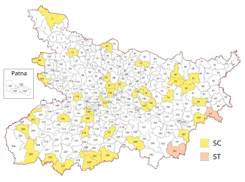 The two ST-reserved constituencies of Bihar are located in its south-east, while the SC-reserved constituencies are spread out geographically.