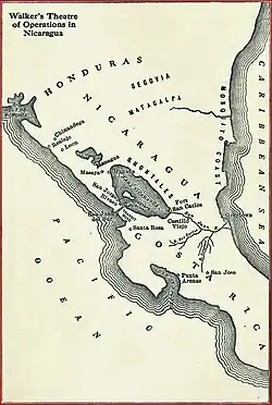 A map showing William Walker's theater of operations during the Filibuster War