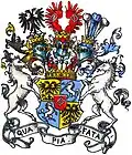 Coat of arms of the Counts of Haxthausen with supporters and motto in the Armorial of the Westphalian Nobility.
