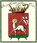 Against a red background, a white sheep with a golden halo stands on a green mound, holding a pennant of a red cross on white