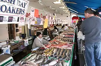 Fresh seafood laid out on one of several floating barge vendors at the Maine Avenue Fish Market in Washington D.C.