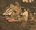 Details of the Water-Moon Avalokiteshvara painting shows a group of nobles (possibly the donors) dress in court clothing, Goryeo painting[97]