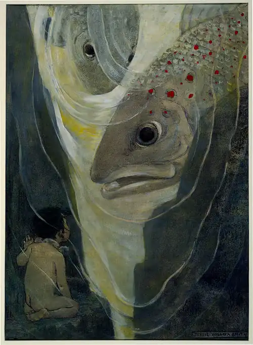 "Oh, don't hurt me!" cried Tom. "I only want to look at you; you are so handsome." Illustration by Jessie Willcox Smith (c. 1916); charcoal, water, and oil; digitally restored.