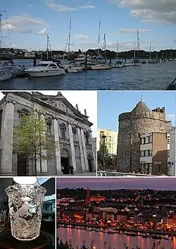 From top, left to right: Waterford Marina, Holy Trinity Cathedral, Reginald's Tower, a piece of Waterford Crystal, Waterford City by night