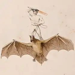 Cricketer riding a giant bat