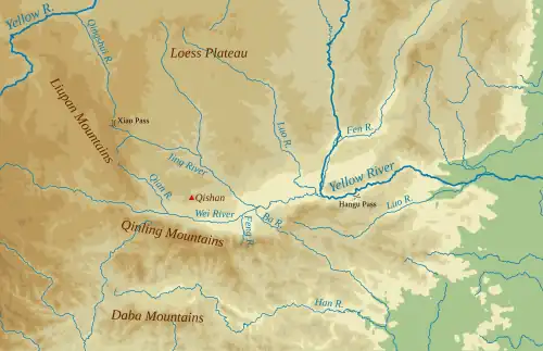 physical map showing the Wei valley surrounded by highlands