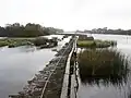 a pedestrian view across a meandering weir