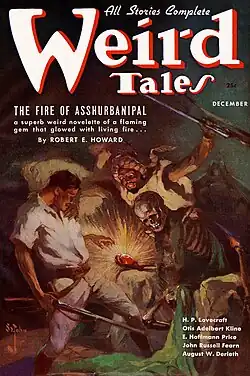 Two men with rifles stare in shock at a huge jewel in the hand of a skeleton