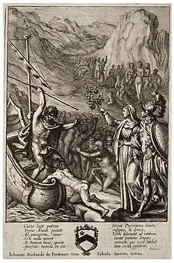 Engraving: a fierce-looking man on a boat is placated by a woman (the Sibyl) holding up the Golden Bough: her companion (Aeneas) watches.