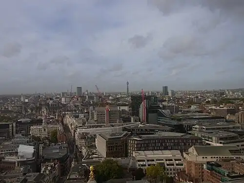 Looking towards the West End from St Paul's Cathedral, October 2022. Shown here from left to right are Centre Point, completed in 1966, the BT Tower, completed in 1964 and Euston Tower, completed in 1970. These are all considered among the first "skyscrapers" in London. Also seen in the far distance is the 184&nbsp;m-tall (604&nbsp;ft) One West Point Tower 1 in North Acton, which was completed in 2022 and where there will be an emerging cluster in the years to come