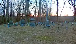 A group of grave markers, some large, some small, seen with bare trees and a dusky sky behind them