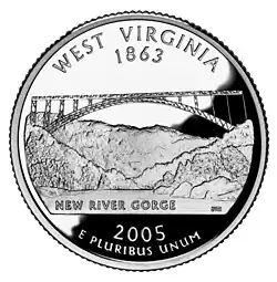 The West Virginia state quarter, released in 2005, features the New River Gorge Bridge.