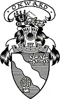 Above the Shield is placed a mural coronet thereon a Helmet of befitting degree with a Mantling Azure doubled Argent, and on a Wreath of their Liveries is set for Crest the represen tation of a stage coach and four all Proper,t and in an Escrol over the same this Motto "Onward". Granted 30 September 1938