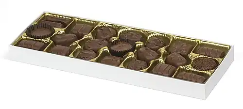 white box with about 20 bite-sized chocolate candies in it