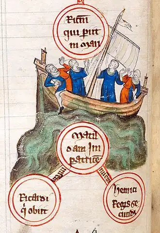 Imagining of the White Ship incident. The ship, in ocean waves, carries four figures dressed in blue and red.