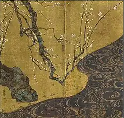 Painting of tree branch with white blossoms, next to a stream